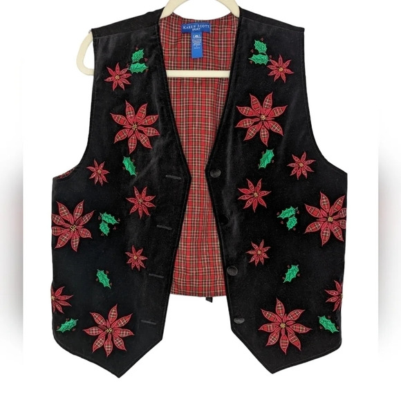 Vintage Karen Scott Cotton Black Velvet Poinsettia Holiday Festive Vest Size L - Picture 1 of 7